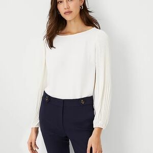 Ann Taylor Petite Pleated Sleeve Boatneck Top - Small